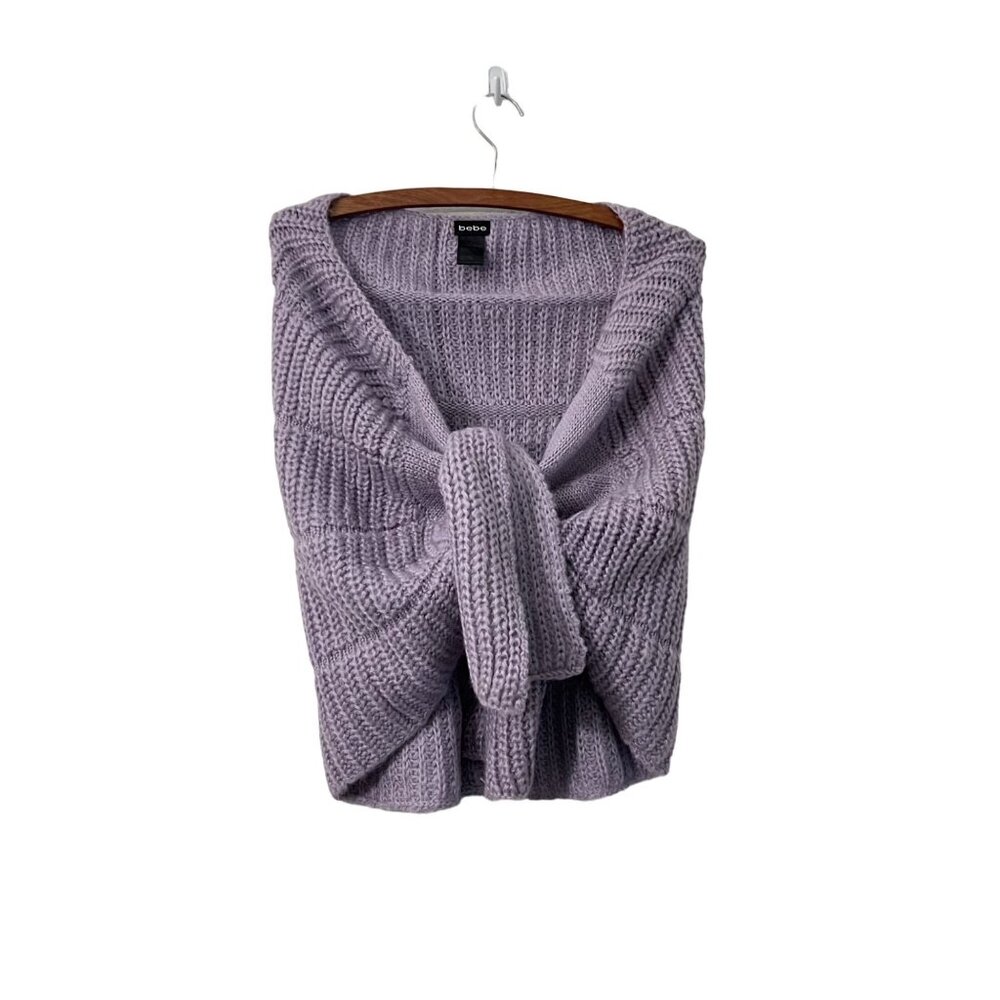 Bebe Womens Purple Chunky Knit Wool Blend Tie Front Shawl Sweater One Size